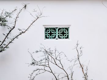 Low angle view of information sign on tree against sky