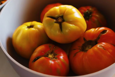 High angle view of tomatoes in bowl
