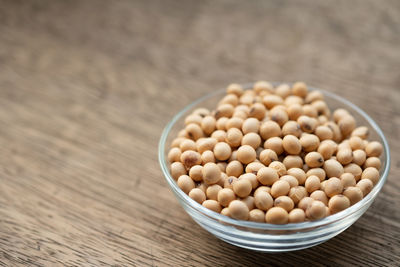 High angle view of eggs in bowl on table
