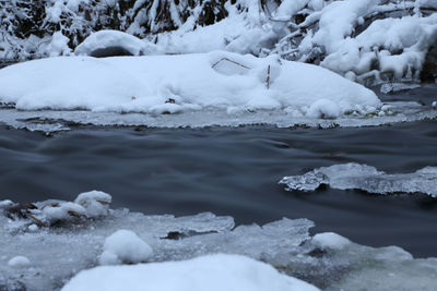 Frozen river flowing through snow