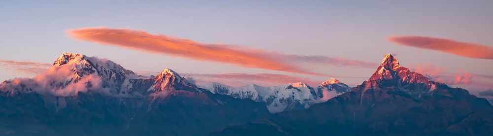 Panoramic view of mountains against sky during sunset