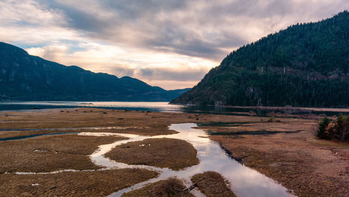 Scenic view of lake and mountains against sky