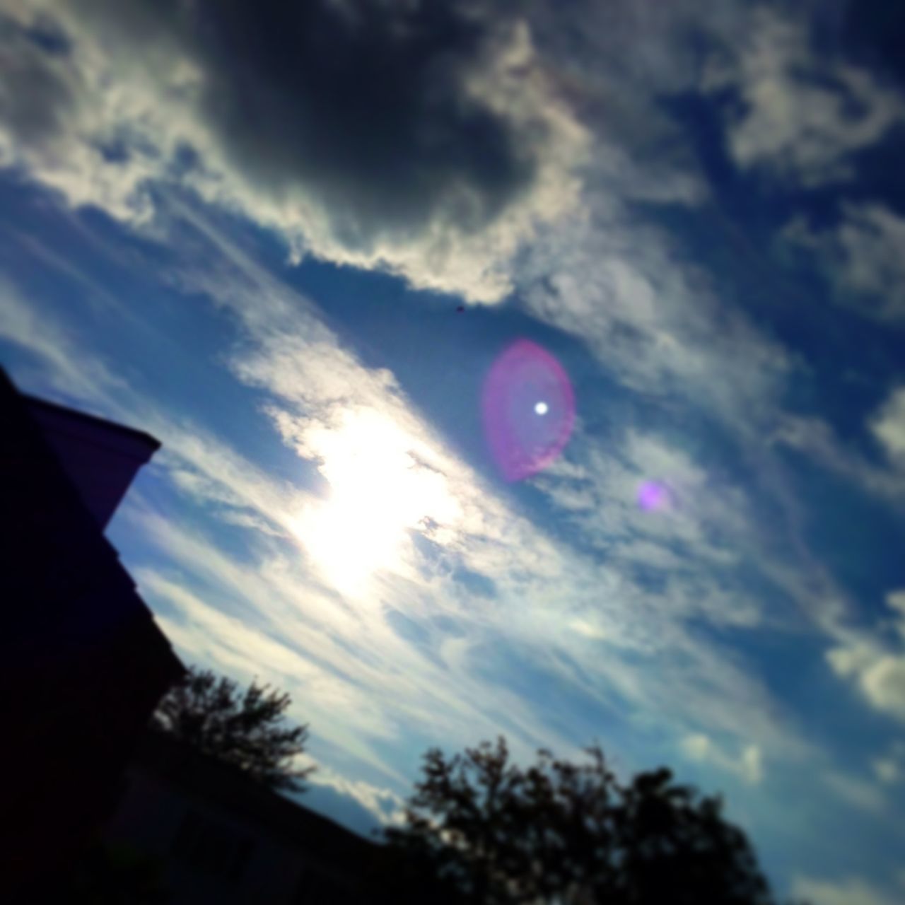 low angle view, sky, cloud - sky, cloud, cloudy, outdoors, nature, tree, no people, sunlight, sun, lens flare, street light, day, dusk, beauty in nature, red, silhouette, high section, blue