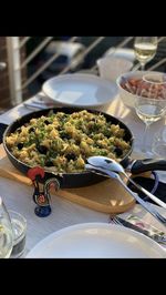 Close-up of food served on table