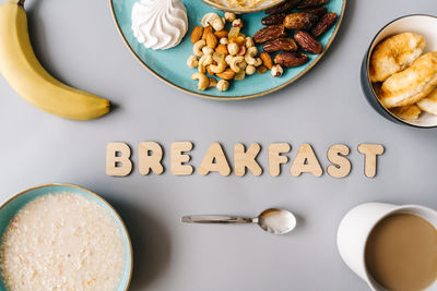 High angle view of breakfast on table