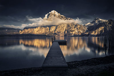 Scenic view of lake by mountains against sky