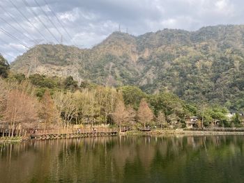 Scenic view of lake and mountains against sky