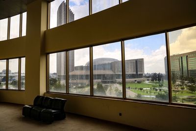 Cityscape seen through window