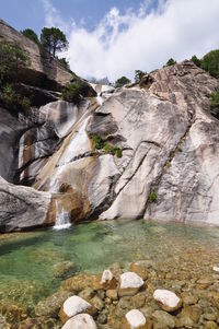 Scenic view of waterfall against sky