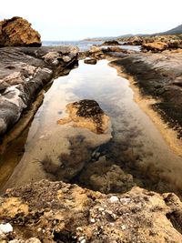 Rocks on beach against clear sky