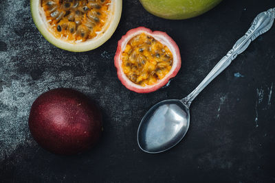 High angle view of fruits in bowl on table