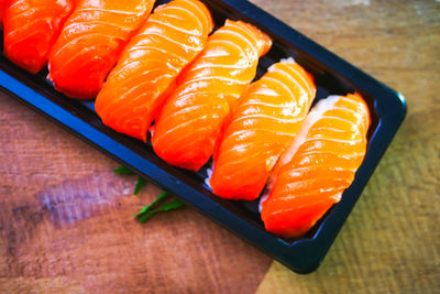 High angle view of sushi on table