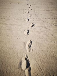 High angle view of footprints on sand at beach