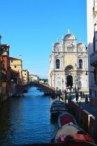 Canal amidst buildings against clear blue sky