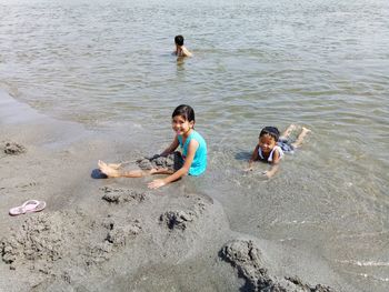 High angle view of family on shore