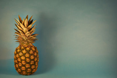 Close-up of fruits on table against wall