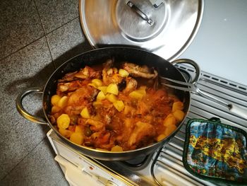 High angle view of food in cooking pan