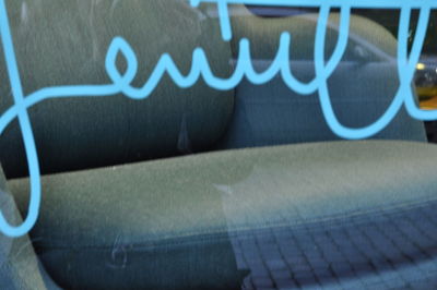 Close-up of text on seat