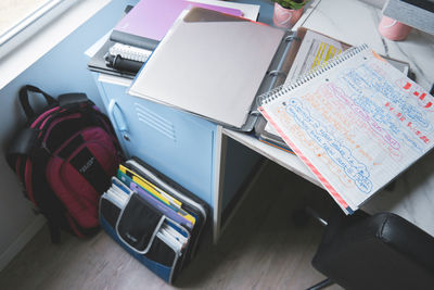 High angle view of objects on table