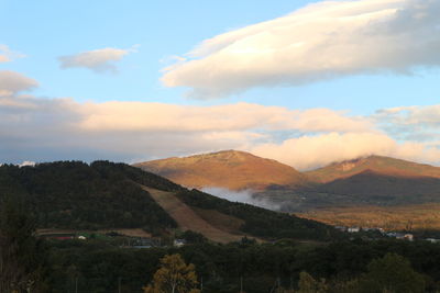 Scenic view of mountains against sky during sunset