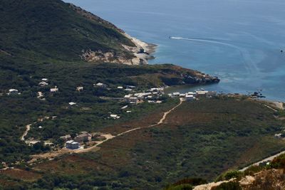 High angle view of sea and mountains