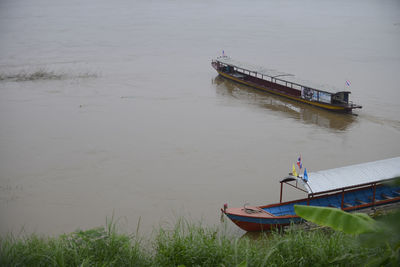 High angle view of boat moored in river