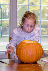 A young girl looks into the inside of a just cut pumpkin at all the slimy inside