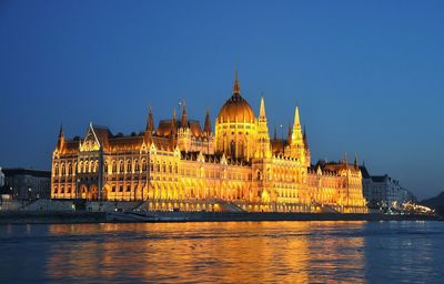 Illuminated hungarian parliament building reflecting on river against clear blue sky at dusk