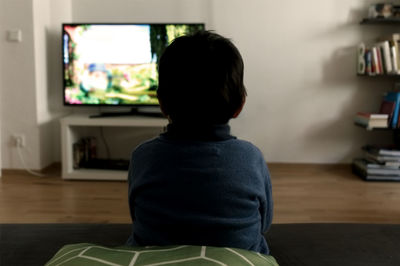 Rear view of boy looking at home