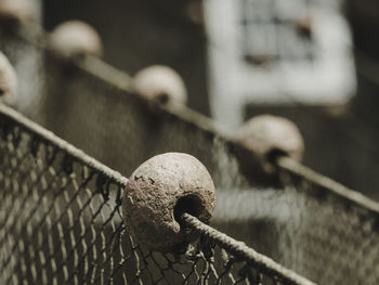 Close-up of rope tied to metal fence