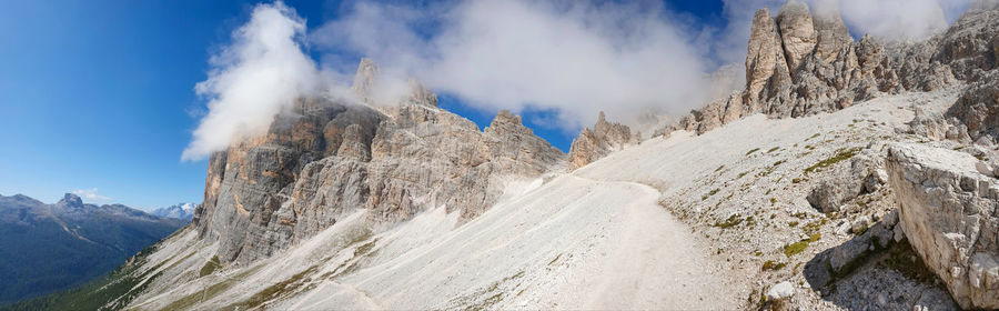 Panoramic view of snowcapped mountains against sky