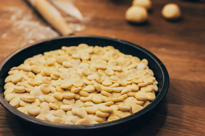 High angle view of pasta in bowl on table