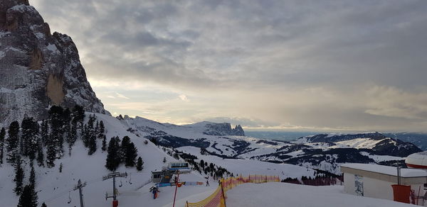 Scenic view of snowcapped mountains against sky during sunset