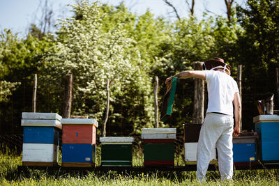 Rear view of man standing on field against trees