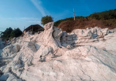 Rock formations on landscape against blue sky