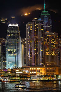 Illuminated buildings in city at night