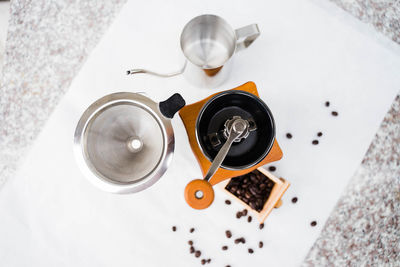 High angle view of coffee on table