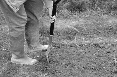 Low section of woman digging with shovel in yard