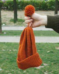Cropped hand holding knit hat over field
