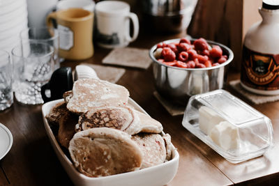 Close-up of pancakes in container on table