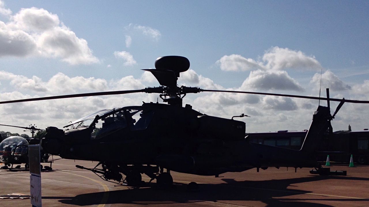 military, sky, silhouette, weapon, transportation, helicopter, cloud - sky, air vehicle, army, day, outdoors, airplane, no people, camouflage clothing