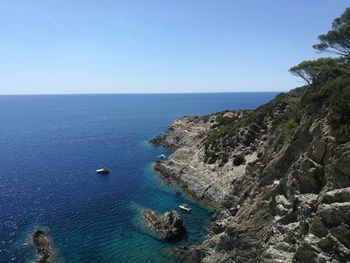 Scenic view of sea against clear blue sky