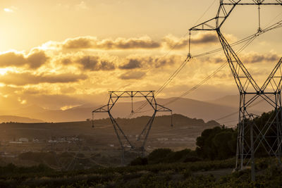 High voltage cables with the sky at sunset in the background