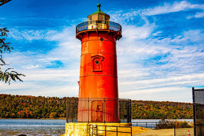 Lighthouse by sea against sky