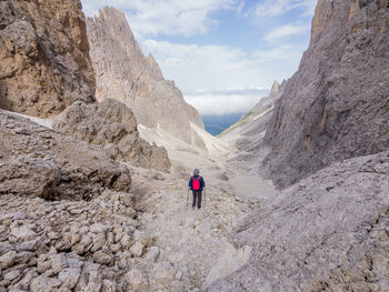 Rear view of man walking on mountain