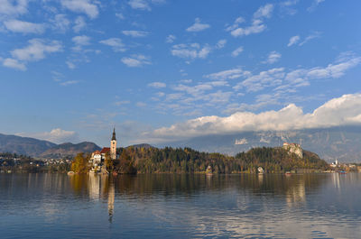 Scenic view of lake against cloudy sky