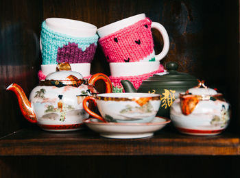 Close-up of design tea cups