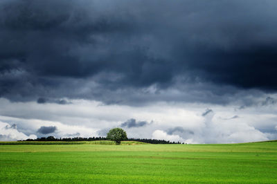 Scenic view of field against cloudy sky