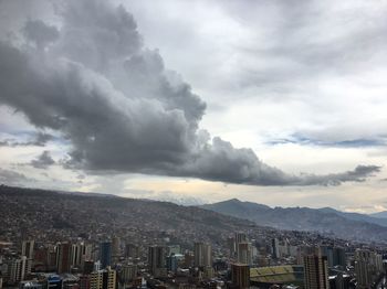 Aerial view of city against cloudy sky