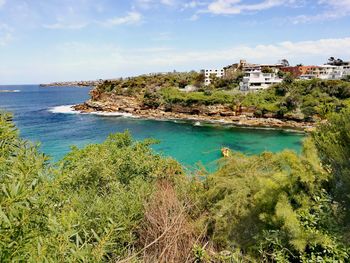 Scenic view of sea and buildings against sky